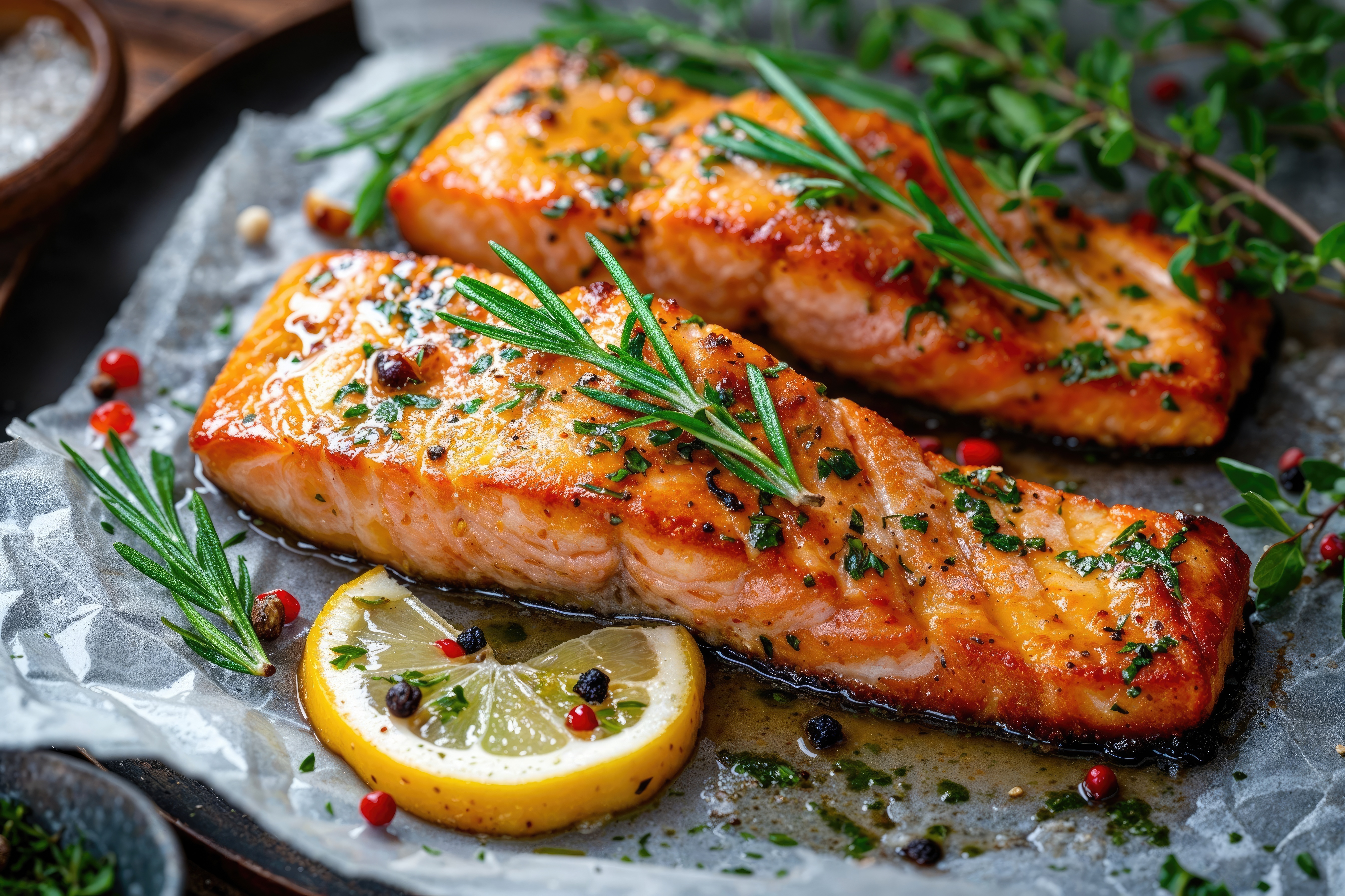 Two seared salmon fillets with rosemary, peppercorns, and a lemon slice.