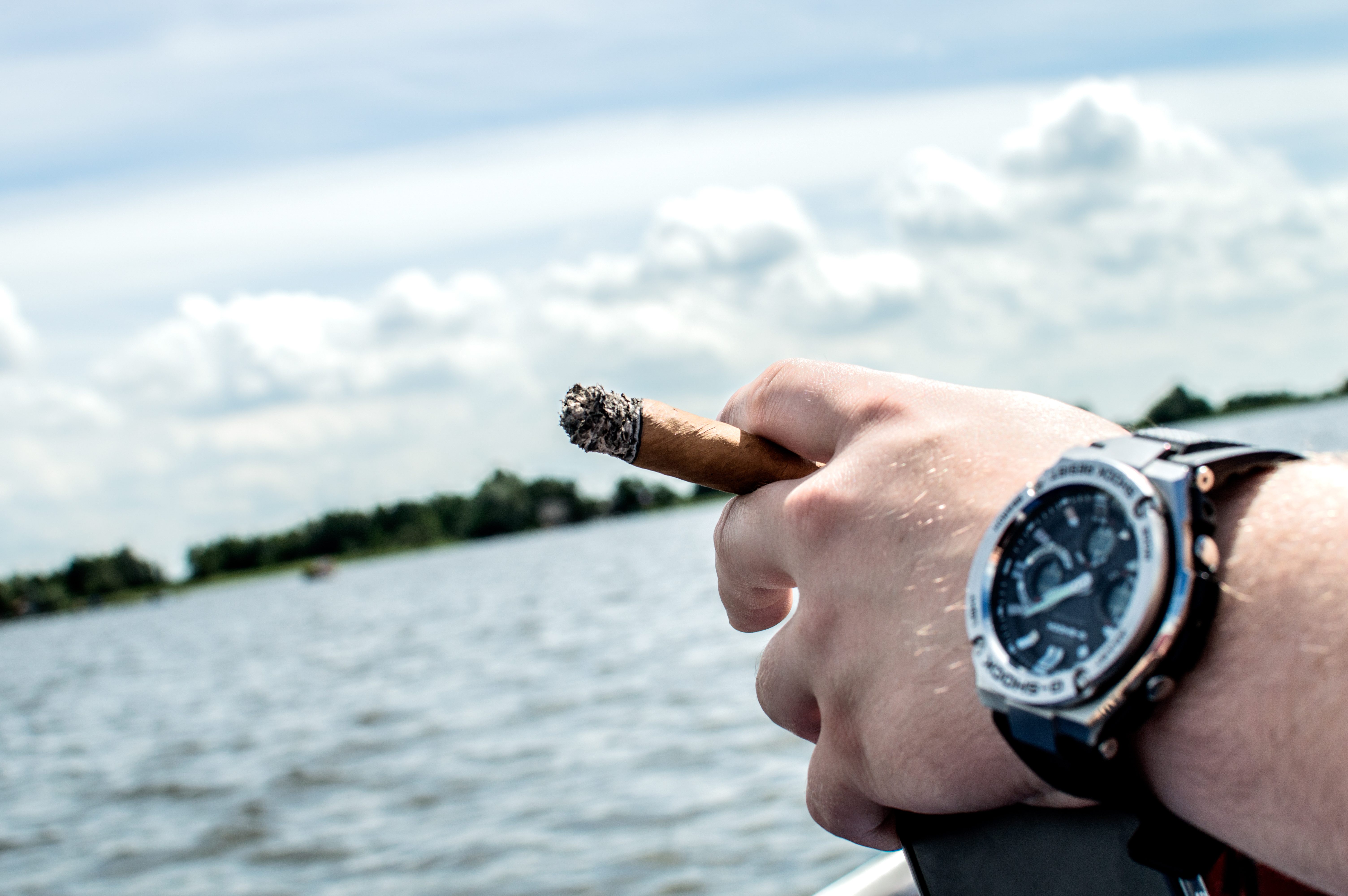 A hand holding a lit cigar over open water and a tree-lined shore.