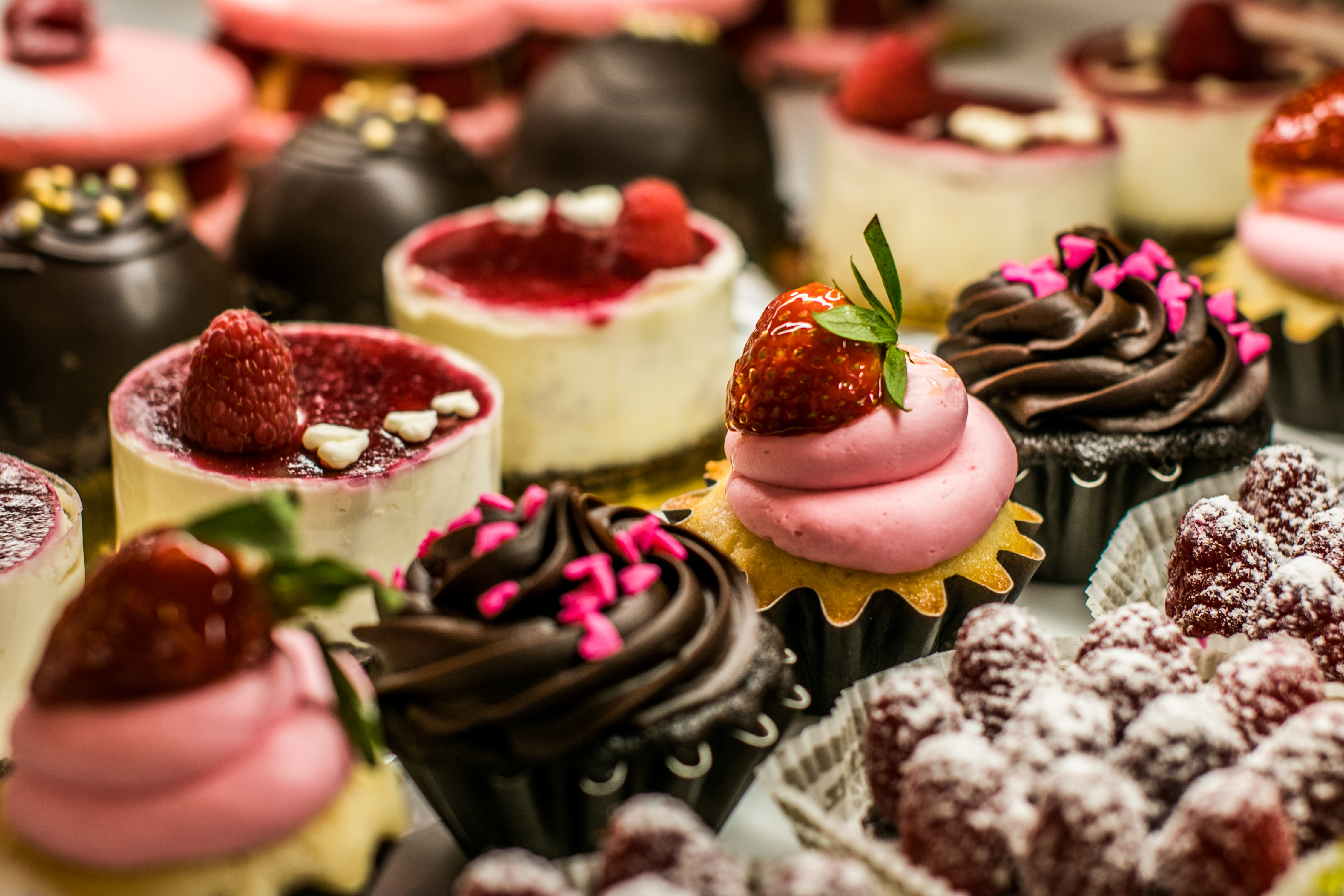 A bakery case of plated cakes, fruit tarts, and custards.