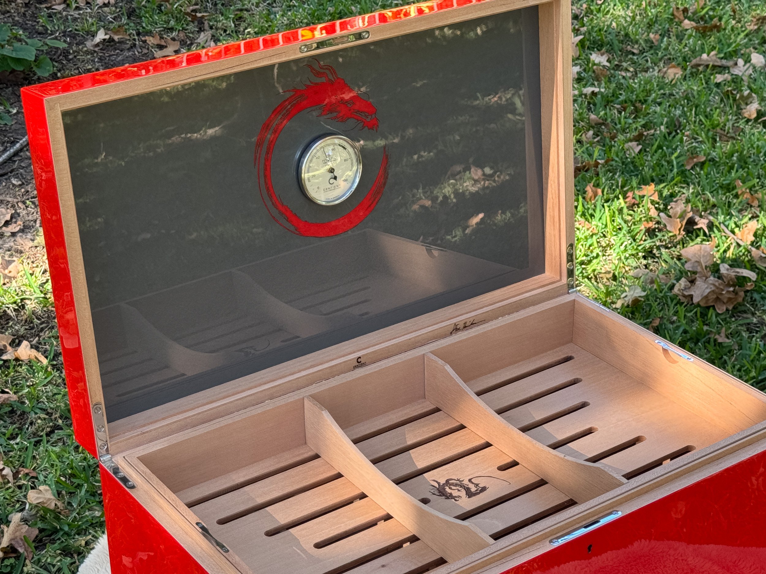 The Draconis: centient red dragon humidor open top angle