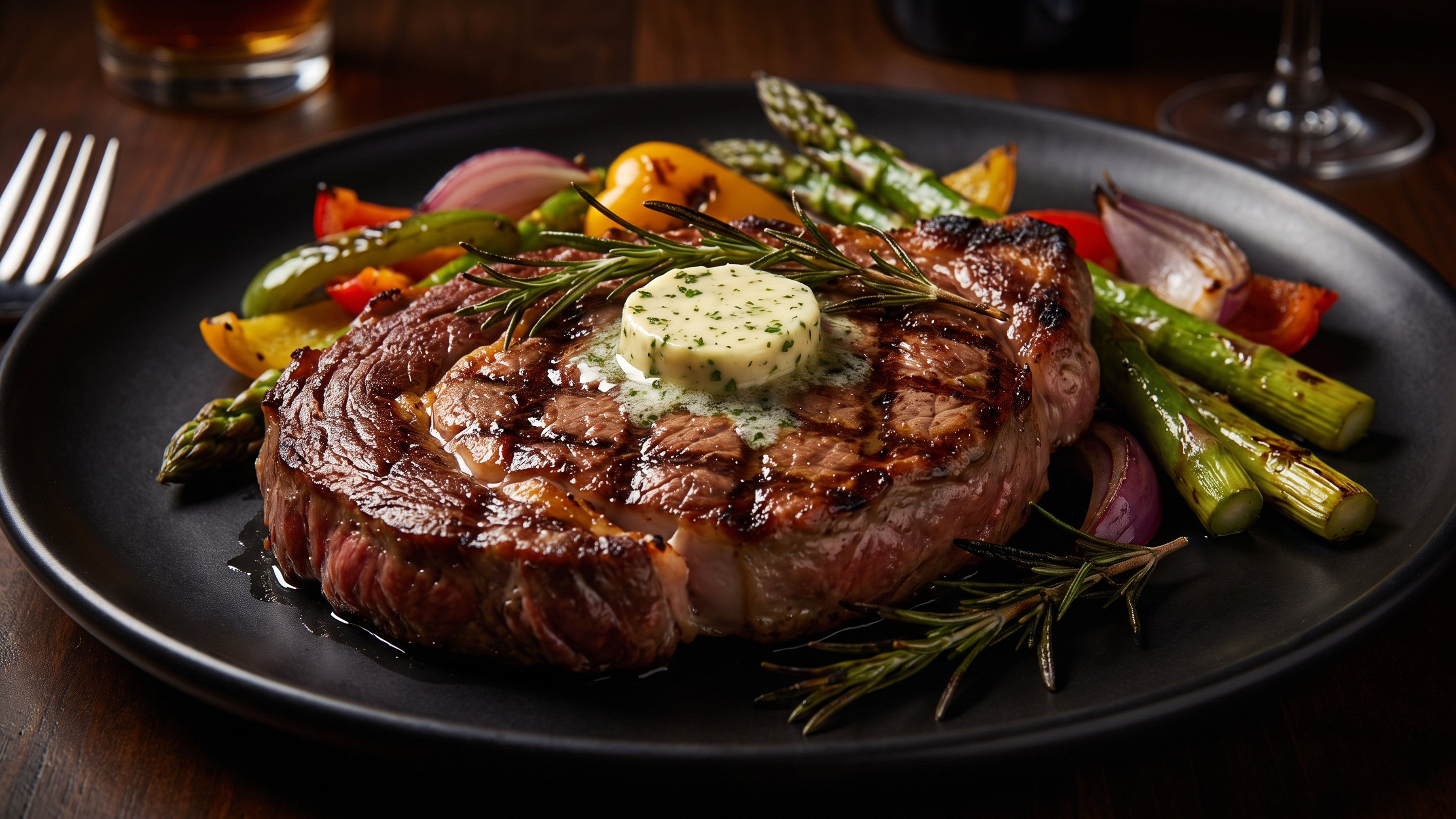 A grilled steak with melting herb butter, asparagus, and rosemary on a black plate.