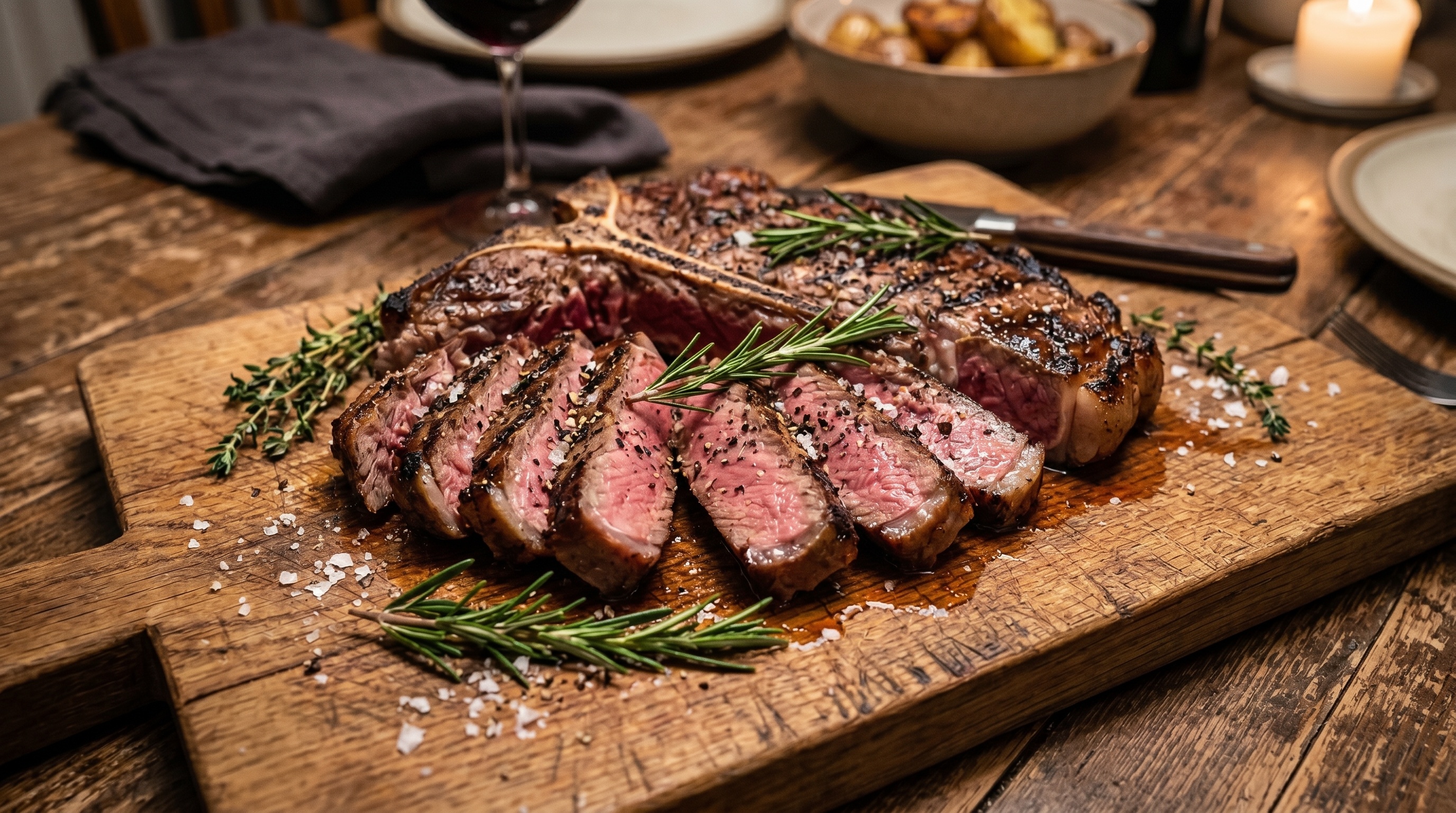 A grilled T-bone, sliced, with rosemary and coarse salt on a wooden board.