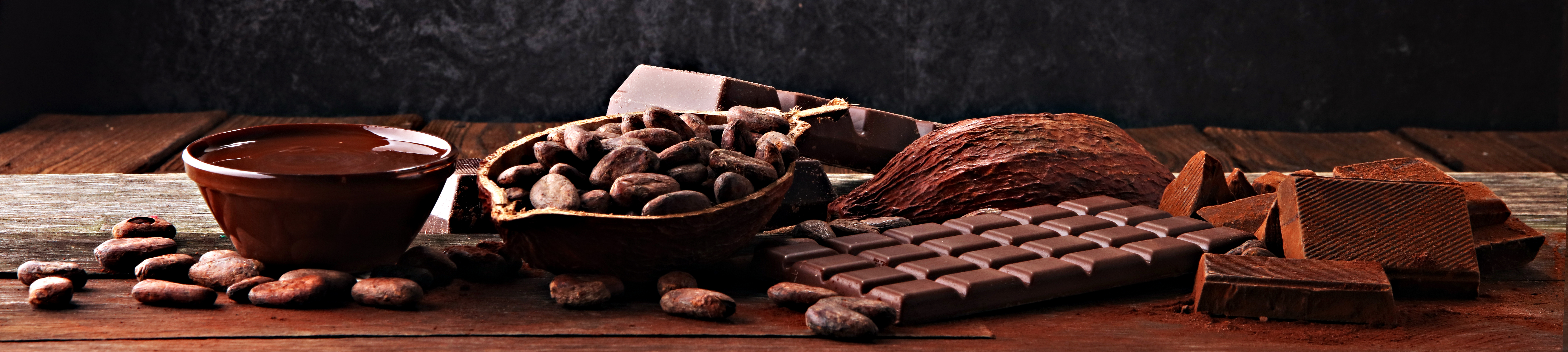 Cocoa beans, a cacao pod, melted chocolate, and a broken bar on dark wood.