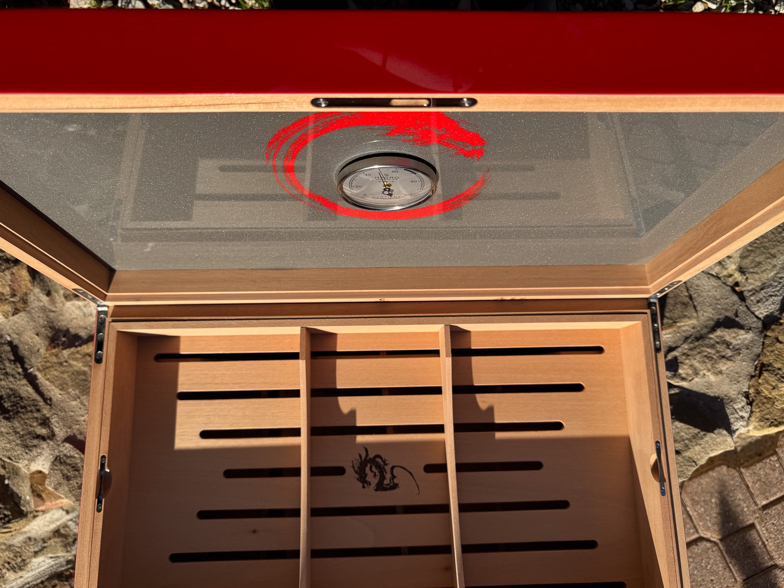 The Draconis: centient red dragon humidor open lid top down